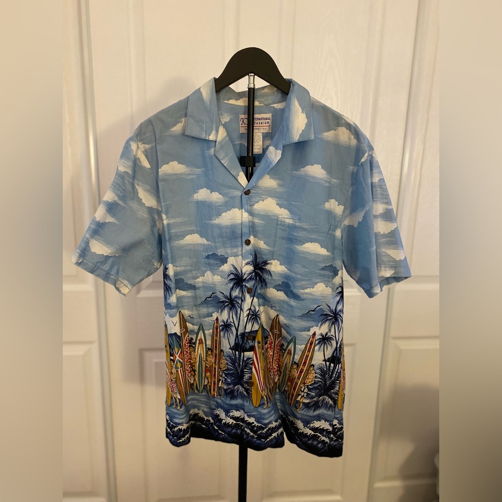Light Blue Hawaiian Vintage Surf Print Short Sleeve Shirt